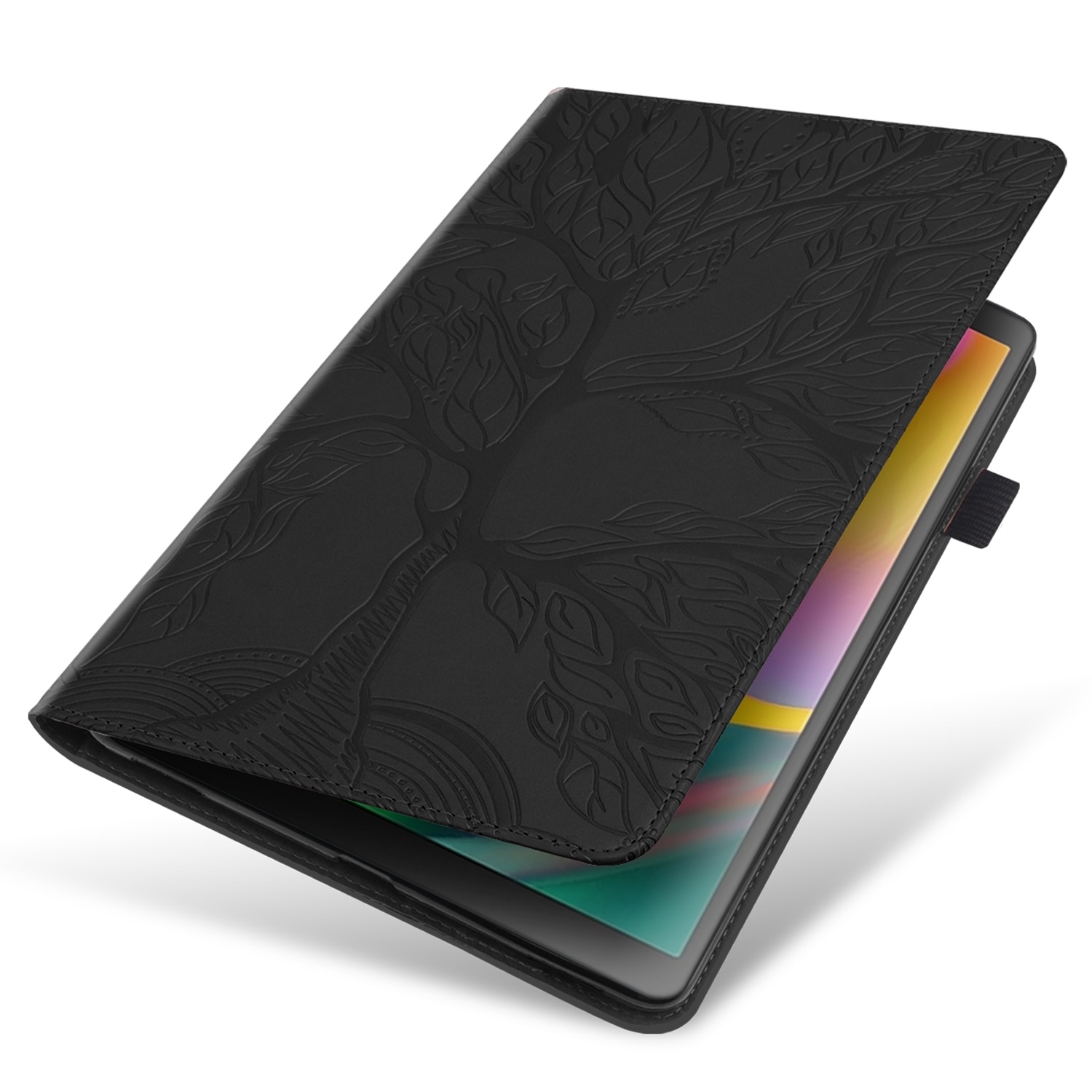 Husa tableta pentru Huawei MediaPad M5 10.8 inch, tip carte cu suport, sloturi card si pix, piele cu design copac viu, negru