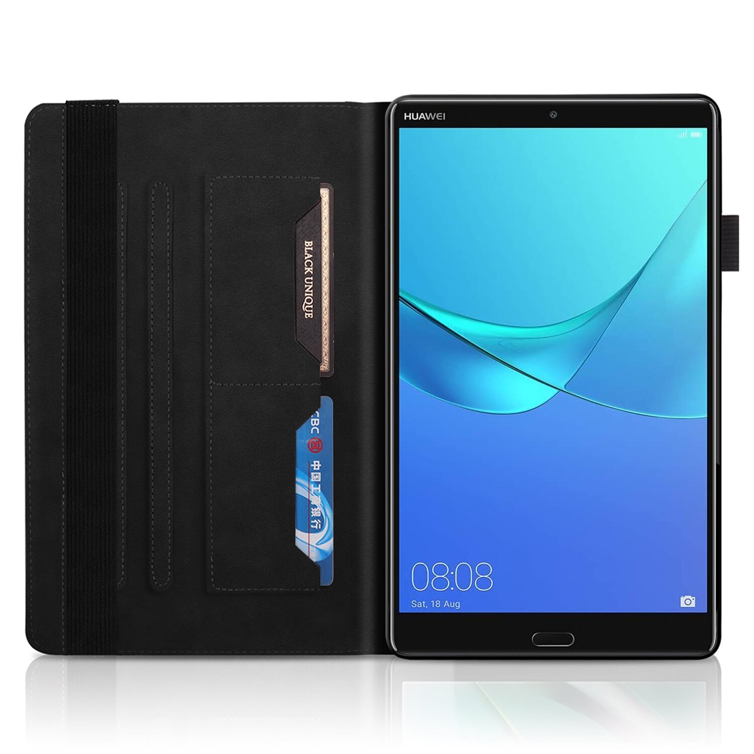 Husa tableta pentru Huawei MediaPad M5 10.8 inch, tip carte cu suport, sloturi card si pix, piele cu design copac viu, negru
