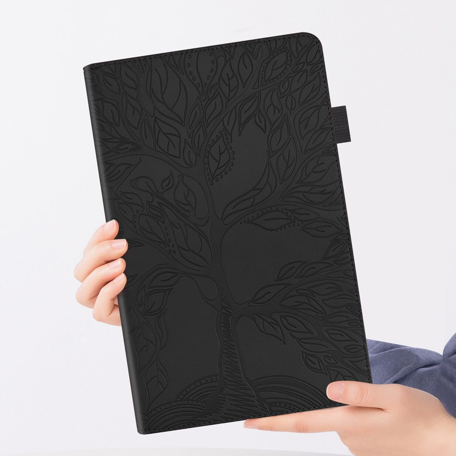 Husa tableta pentru Huawei MediaPad M5 10.8 inch, tip carte cu suport, sloturi card si pix, piele cu design copac viu, negru
