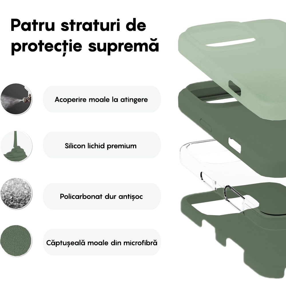 Husa CASEY STUDIOS™ compatibila cu iPhone 16 Pro, Soft Silicone Premium, Microfibra in Interior, Webster Green, de Protectie, Ultra Slim, pentru Incarcare Wireless, Margini Ridicate de Protectia Ecranului si a Camerelor