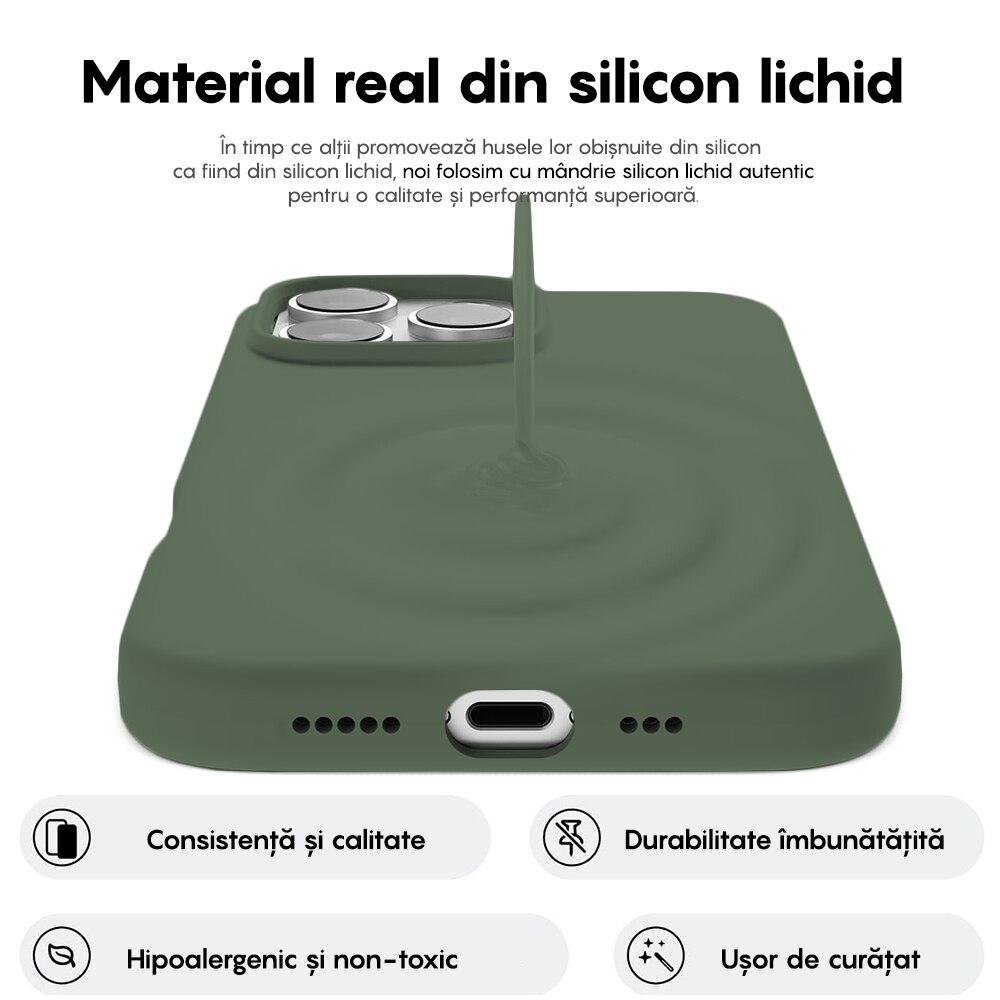Husa CASEY STUDIOS™ compatibila cu iPhone 16 Pro, Soft Silicone Premium, Microfibra in Interior, Webster Green, de Protectie, Ultra Slim, pentru Incarcare Wireless, Margini Ridicate de Protectia Ecranului si a Camerelor