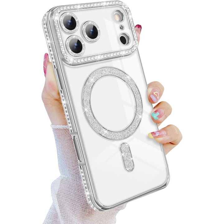 Husa compatibila cu IPhone 17 Pro Max, Compatibila cu MagSafe, Contur Silver cu Pietre