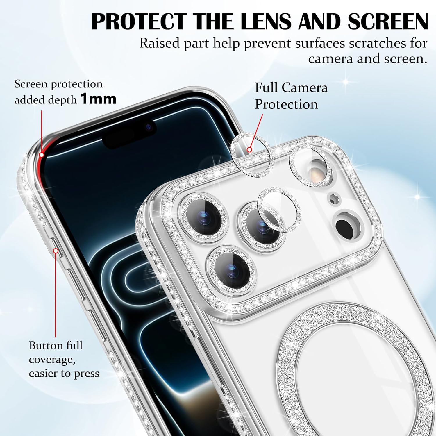 Husa compatibila cu IPhone 17 Pro Max, Compatibila cu MagSafe, Contur Silver cu Pietre