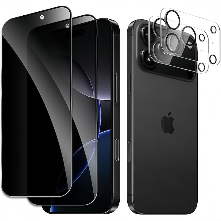 Folie sticla protectie ecran si lentile camera iPhone 17 Pro, set 2 bucati, privacy, 9H, full screen