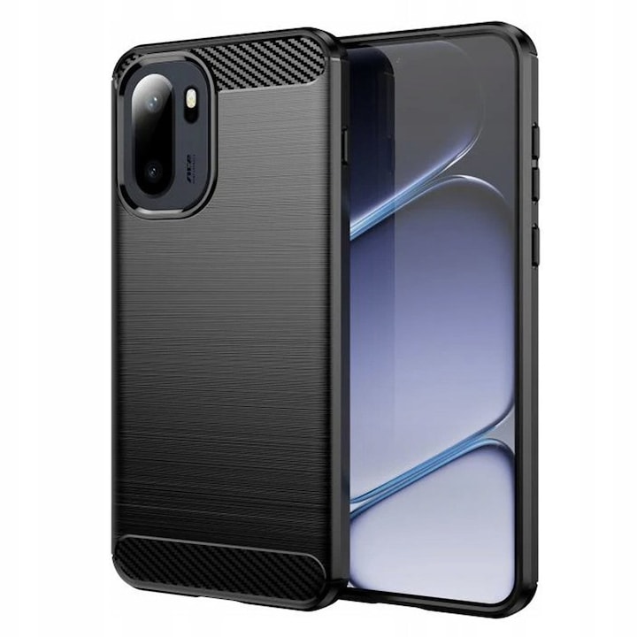 Husa pentru OnePlus 15R, SKYDDAR INNOVATION, Carbon Silicone, din Silicon Slim, cu textura Fibra Carbon, set cu sticker, Negru