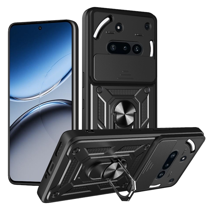 Husa telefon compatibila cu Nothing Phone (3a), Protectie Camera Slide and Snap Soft Premium, Magnetic Ring Holder, PopGrip, Anti-Shock, Rugged Protection, Negru