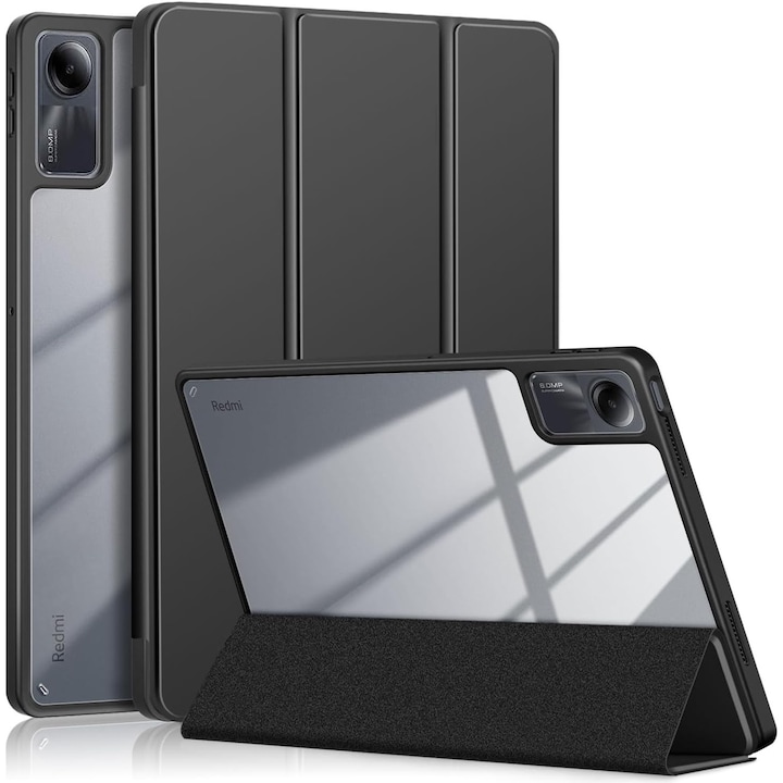 Husa Sigloo pentru Xiaomi Redmi Pad Pro 12.1", slim, tri-fold magnetic, piele ecologica, suport stylus, spate transparent, negru