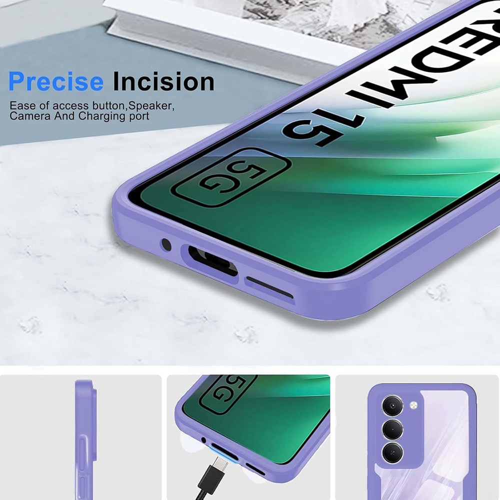 Set 360: Husa cu folie integrata pentru Xiaomi Redmi 15 5G Protectie 360 fata / spate - mov
