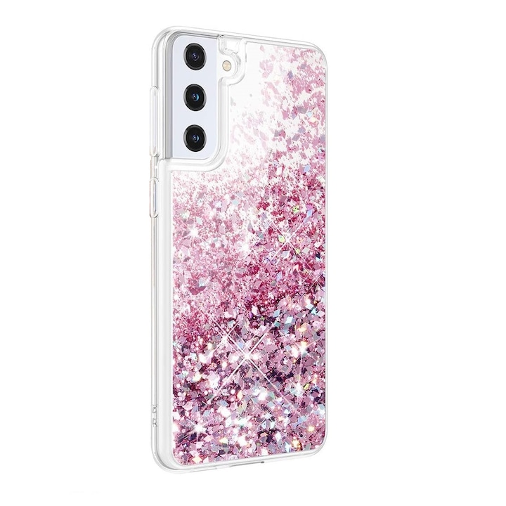 Husa compatibila cu Samsung Galaxy S21, cu Apa si Sclipici, Glitter, Fashion, protectie camera, Roz, ISAG