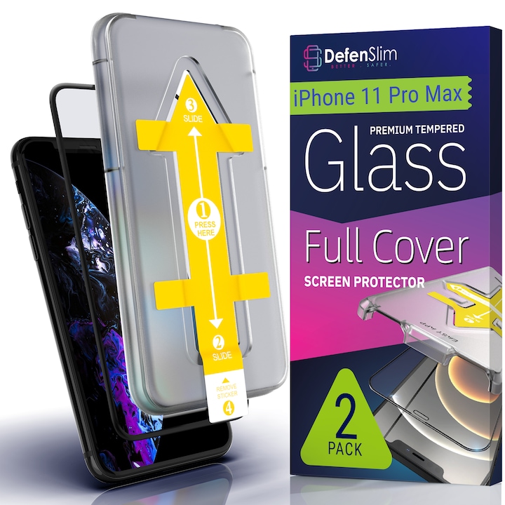 Set 2 Folii sticla pentru iPhone 11 Pro Max, Full Cover 3D, DefenSlim, instalare usoara si rapida cu dispozitiv de potrivire automata in 30 sec cu Easy Install Kit patentat, protectie telefon