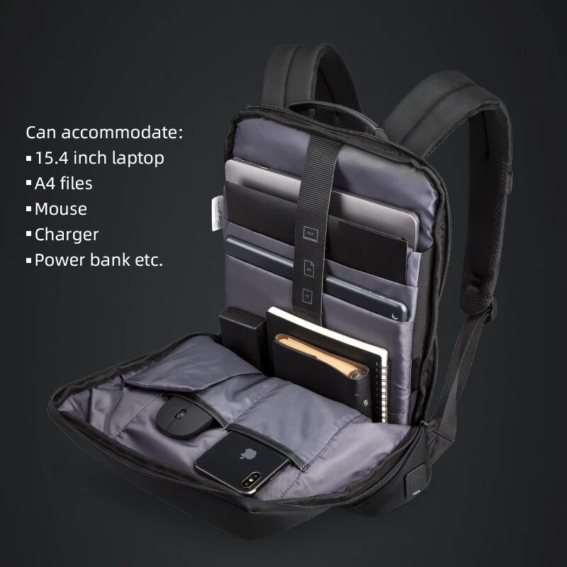 Rucsac business, Kingsons, compatibil cu laptop 15,6 inch, impermeabil, port USB, antifurt, rezistent la socuri, suport chei sau ochelari, negru