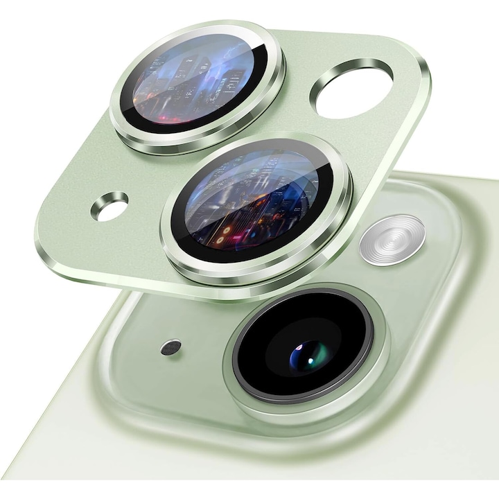 Carcasa Metalica Mata cu Folie din Sticla Securizata pentru Protectia Camerelor Foto, Compatibil iPhone 15 si iPhone 15 Plus, Green