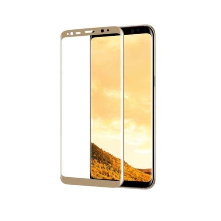 Folie de protectie Compatibila cu Samsung Galaxy S8, Unbreakable Soft Pet, Premium Tempered, Full Glue, Acoperire pe intreg ecranul, Transparent/ Auriu