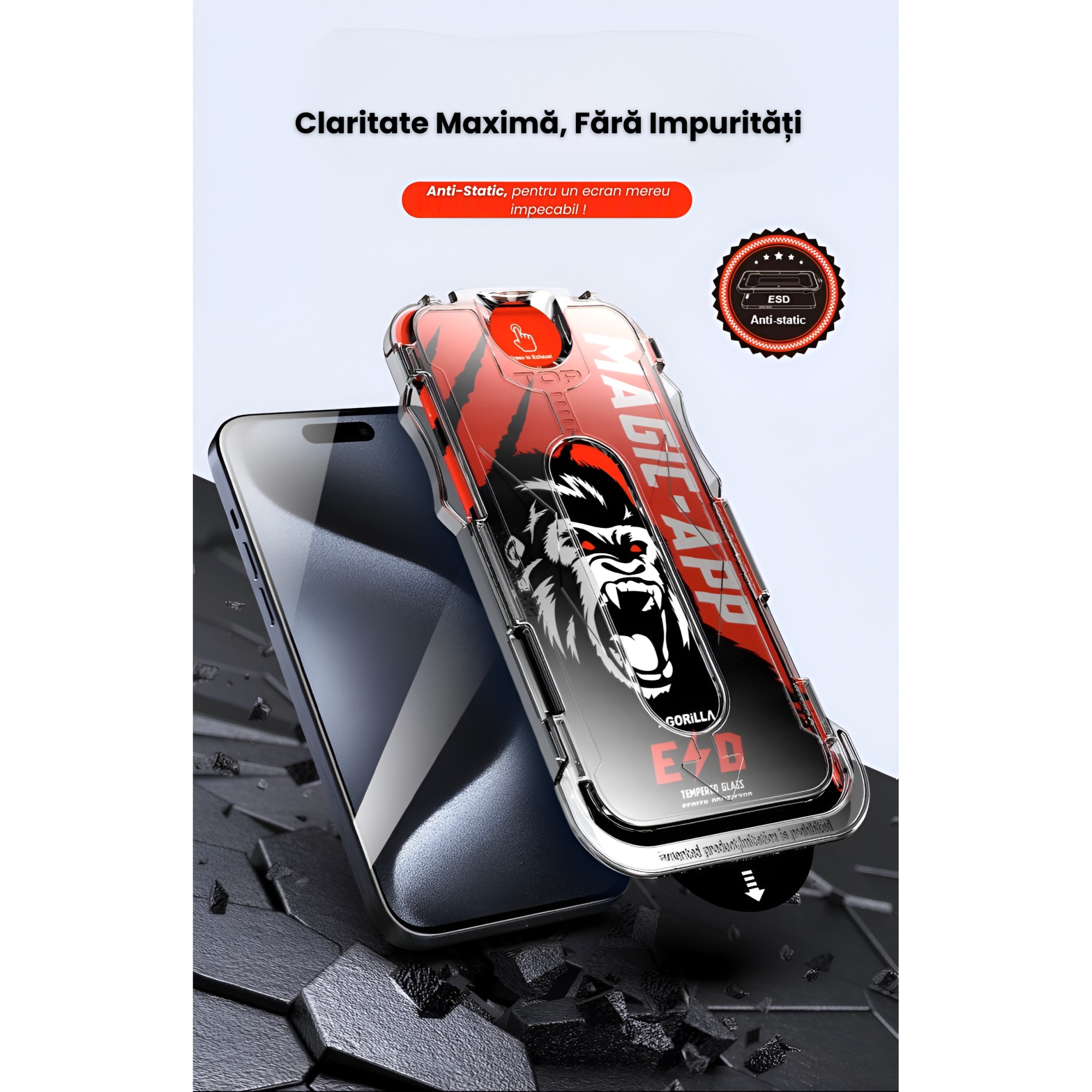 Set 2 Folii Transparent Glass, Compatibil cu iPhone 16 PRO, iPhone 17 Sticla Securizata, Gorila X instalare usoara cu dispozitiv EASYAPP pentru indepartarea prafului, Anti-zgarieturi, Anti-amprenta, Anti-explozie, Anti-soc, Anti-ulei, Anti-orbire