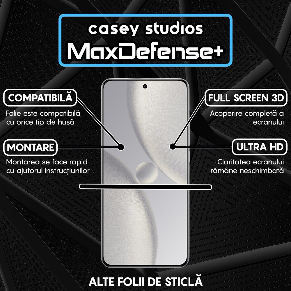 Folie Sticla CASEY STUDIOS™ compatibila cu Xiaomi 15 Ultra, MaxDefense+, Anti Zgarieturi, Full Glue, Full Cover 3D, Protectie Ecran 3D, Duritate Ridicata, Margini Negre