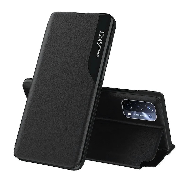 Husa pentru Oppo A54 5G / A74 5G / OnePlus Nord N200 5G, SKYDDAR INNOVATION, eFold, tip carte, set cu sticker, Negru