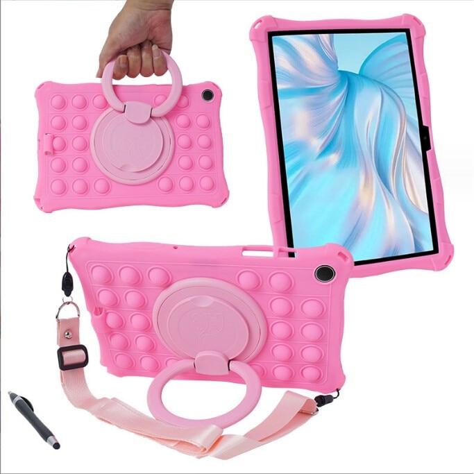 Husa de protectie pentru tableta, all inclusive, groasa, rezistenta la socuri, rezistenta la cadere, portabila, compatibila cu Samsung Tab A9 PLUS 11 inch, cu lant si pix capacitiv, suport rotativ 360°, culoare roz