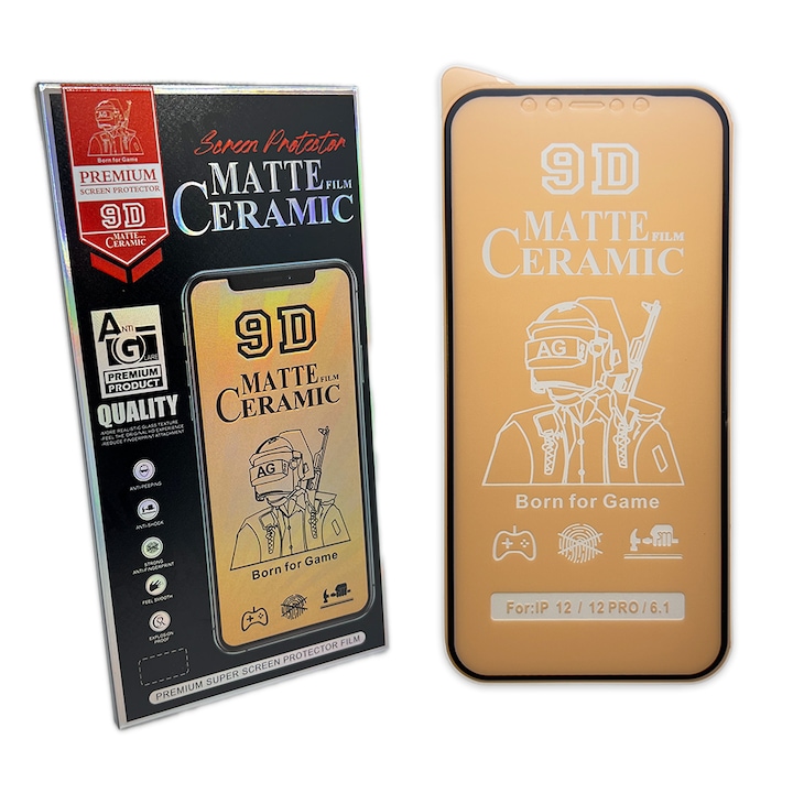 Folie de protectie ceramica, compatibila cu Apple iPhone 12 Pro, Full Cover, Negru/Mata