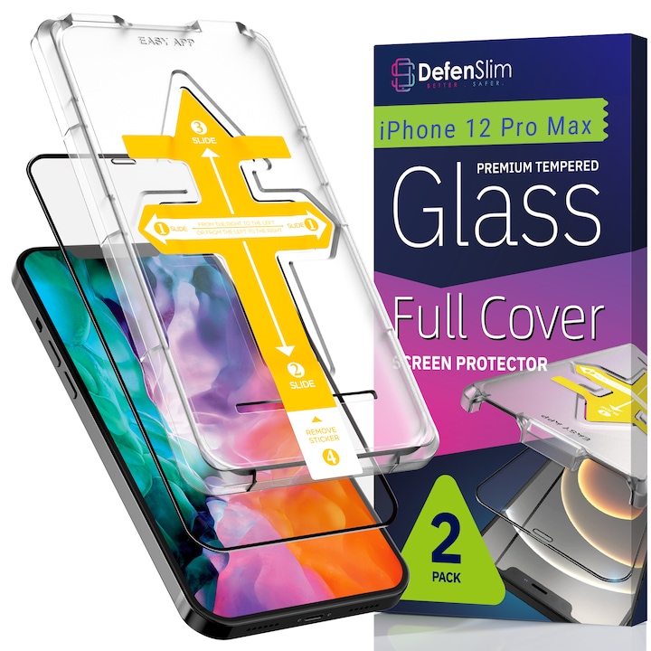 Set 2 Folii sticla pentru iPhone 12 Pro Max, Full Cover 3D, DefenSlim, instalare usoara si rapida cu dispozitiv de potrivire automata in 30 sec cu Easy Install Kit patentat, protectie telefon