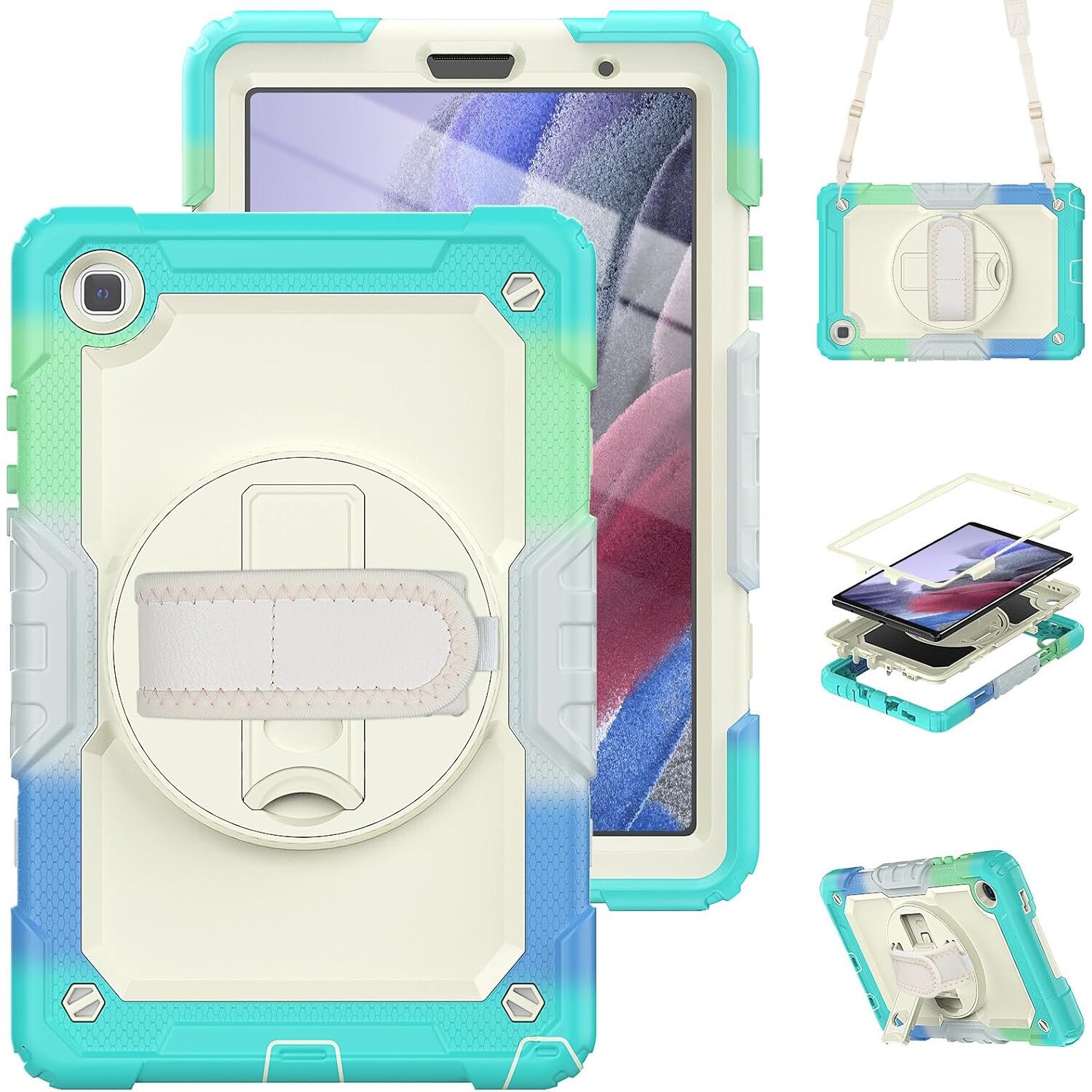 Pachet 360 pentru Samsung Galaxy Tab A7 Lite(SM-T220/T225), 8.7", Sigloo, husa cu folie de protectie si curea de umar, suport 360, albastru