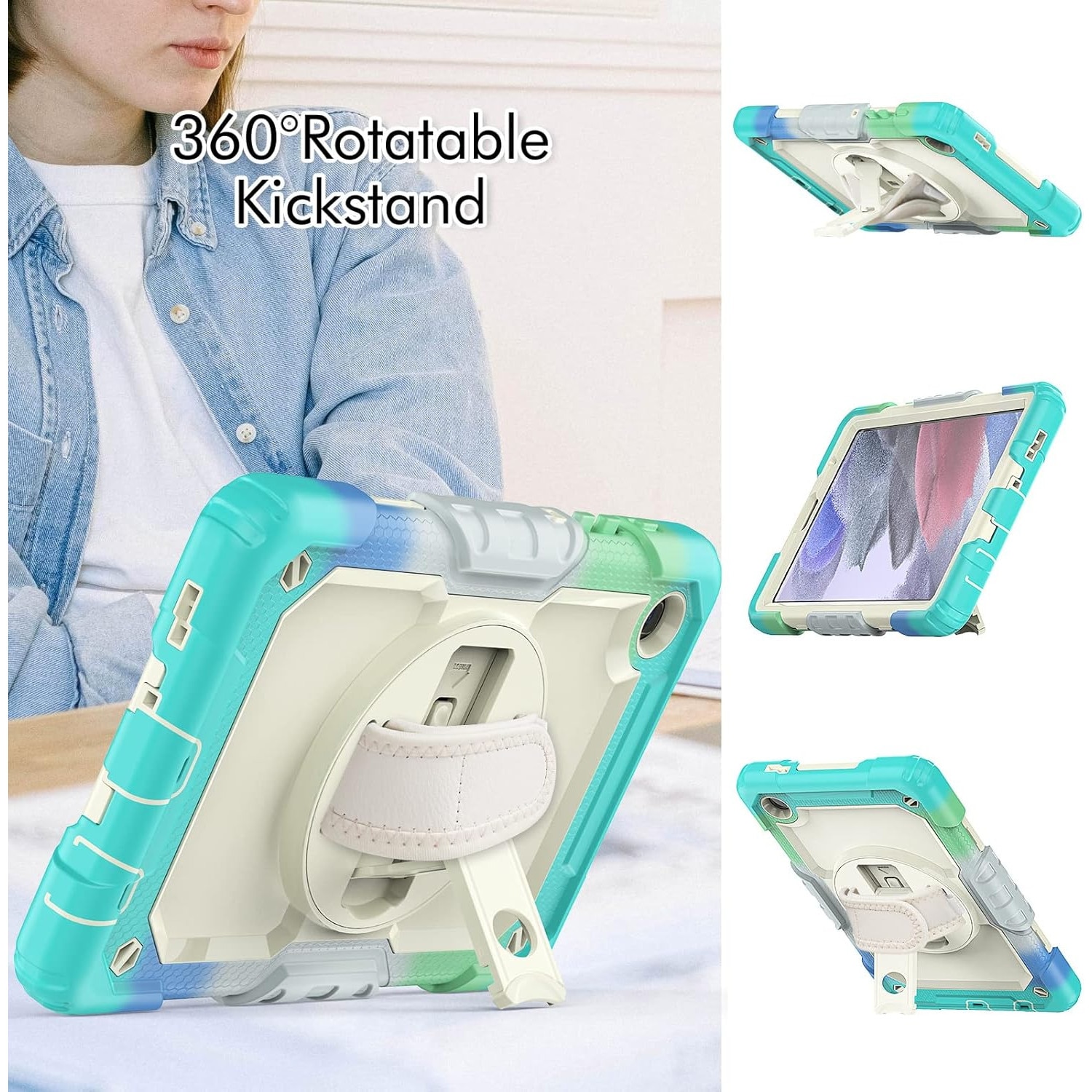 Pachet 360 pentru Samsung Galaxy Tab A7 Lite(SM-T220/T225), 8.7", Sigloo, husa cu folie de protectie si curea de umar, suport 360, albastru