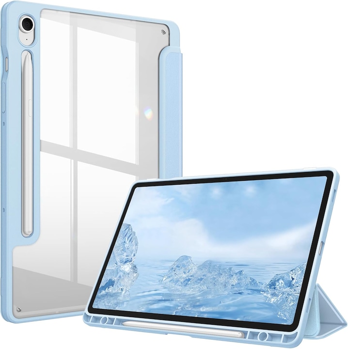 Husa premium pentru Samsung Galaxy Tab S10/S10Fe/S9/S9Fe, 11", Sigloo, interior de piele sintetica, suport Smart Pen, spatele din policarbonat transparent, rezistent la socuri, Blue