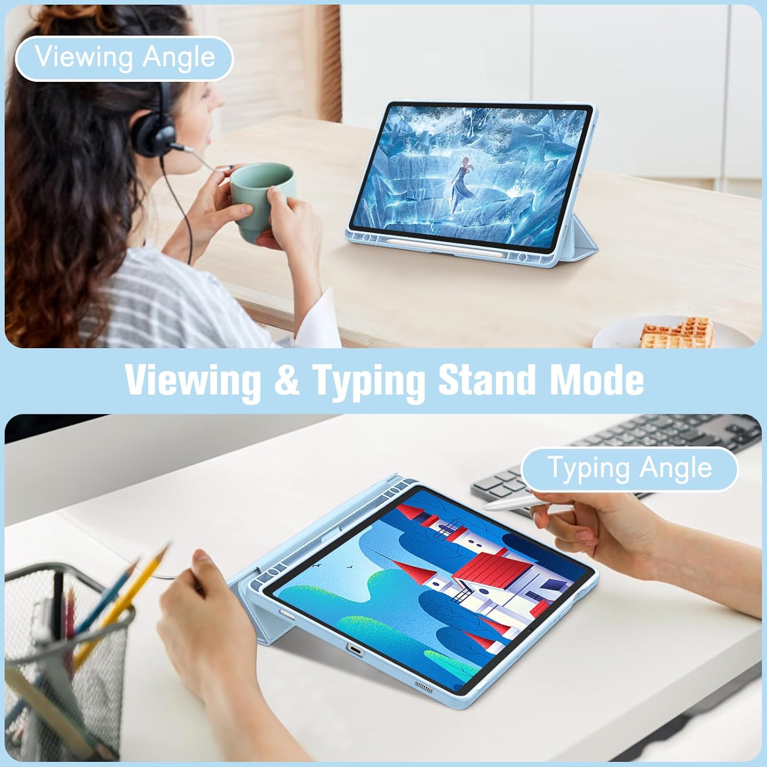 Husa premium pentru Samsung Galaxy Tab S10/S10Fe/S9/S9Fe, 11", Sigloo, interior de piele sintetica, suport Smart Pen, spatele din policarbonat transparent, rezistent la socuri, Blue