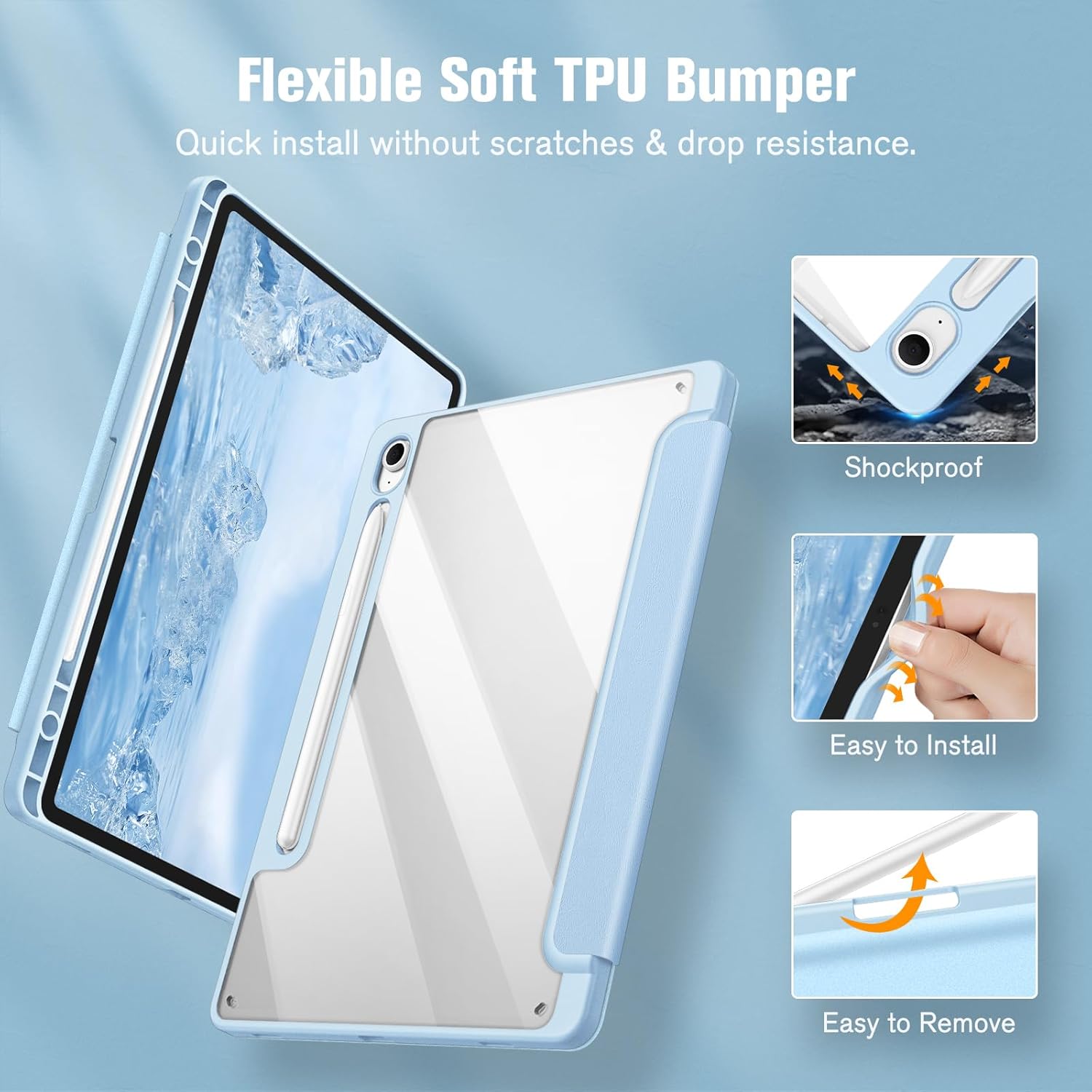 Husa premium pentru Samsung Galaxy Tab S10/S10Fe/S9/S9Fe, 11", Sigloo, interior de piele sintetica, suport Smart Pen, spatele din policarbonat transparent, rezistent la socuri, Blue