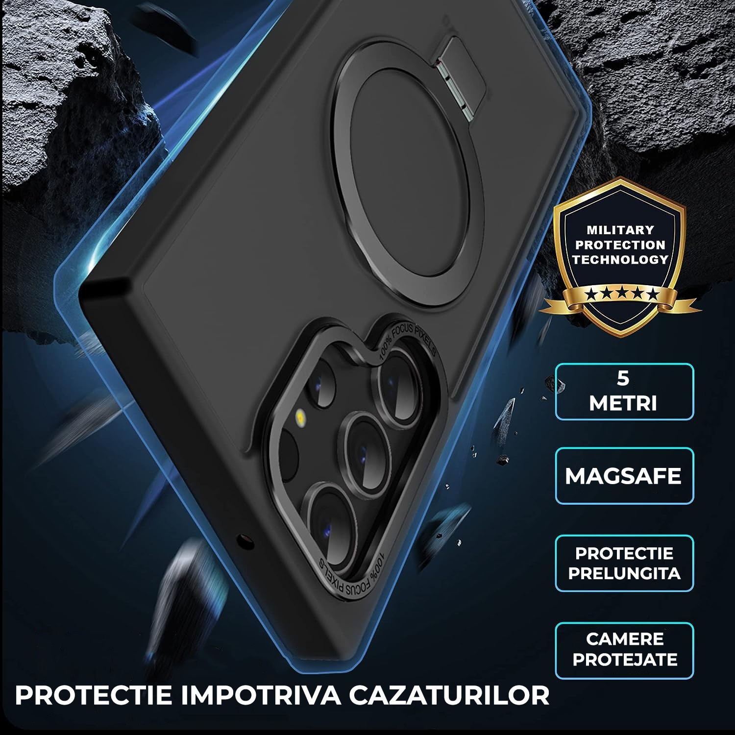 Husa pentru Samsung S25 Ultra Premium Magsafe Ring, Inel de Prindere, Incarcare Wireless, Protectie Camera, Antisoc, Fumuriu cu margini Negre