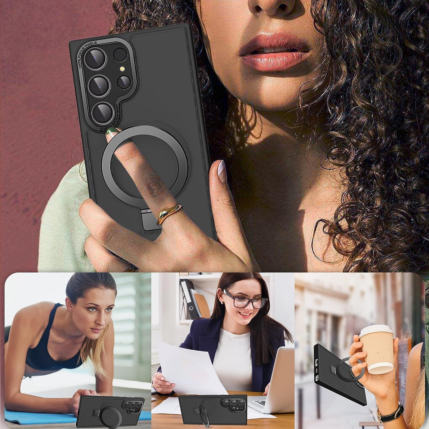 Husa pentru Samsung S25 Ultra Premium Magsafe Ring, Inel de Prindere, Incarcare Wireless, Protectie Camera, Antisoc, Fumuriu cu margini Negre