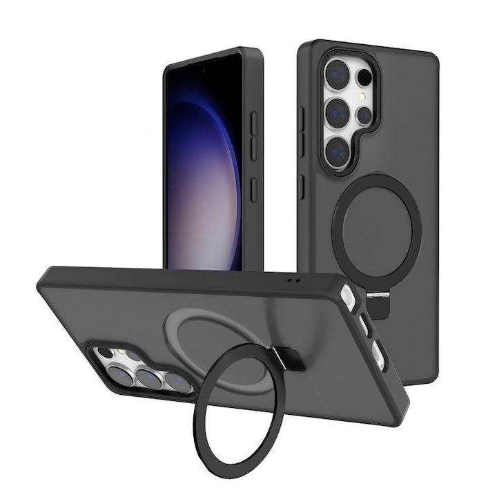 Husa pentru Samsung S25 Ultra Premium Magsafe Ring, Inel de Prindere, Incarcare Wireless, Protectie Camera, Antisoc, Fumuriu cu margini Negre