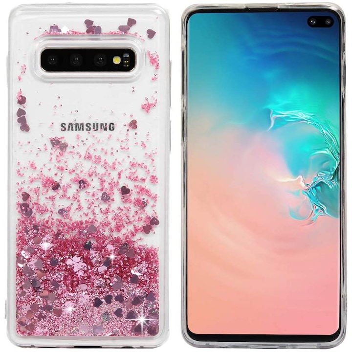 Husa compatibila cu Samsung Galaxy S10 cu Apa si Sclipici, Lichid si Glitter, Fashion, Roz, PlanetPhone