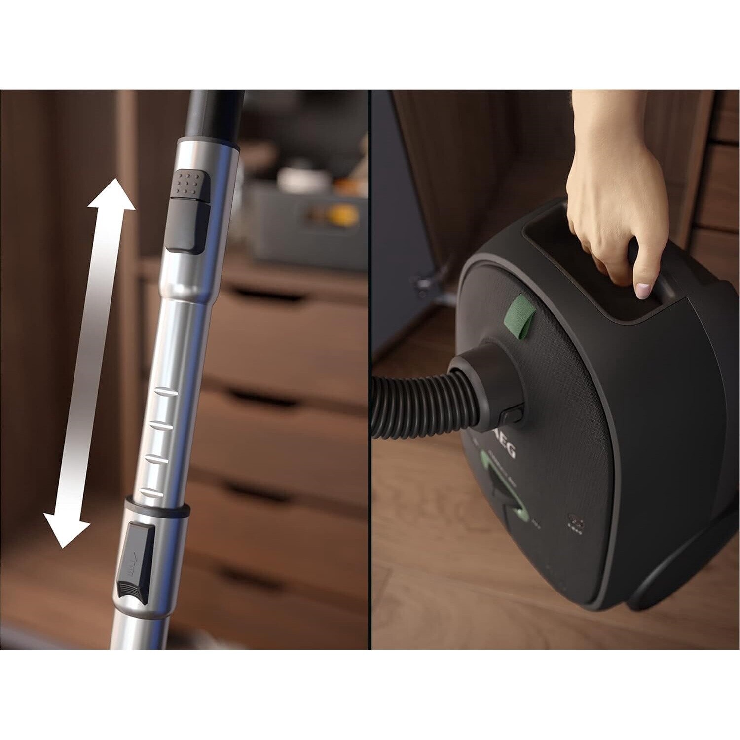 Aspirator cu sac AEG 6000 AB61C1OKO, putere mare de aspirare, roti XL, tub telescopic din otel inoxidabil, 65% material reciclat, cablu de 12 m, 850 W, accesorii, gri