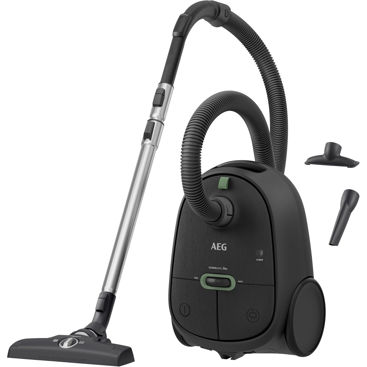Aspirator cu sac AEG 6000 AB61C1OKO, putere mare de aspirare, roti XL, tub telescopic din otel inoxidabil, 65% material reciclat, cablu de 12 m, 850 W, accesorii, gri