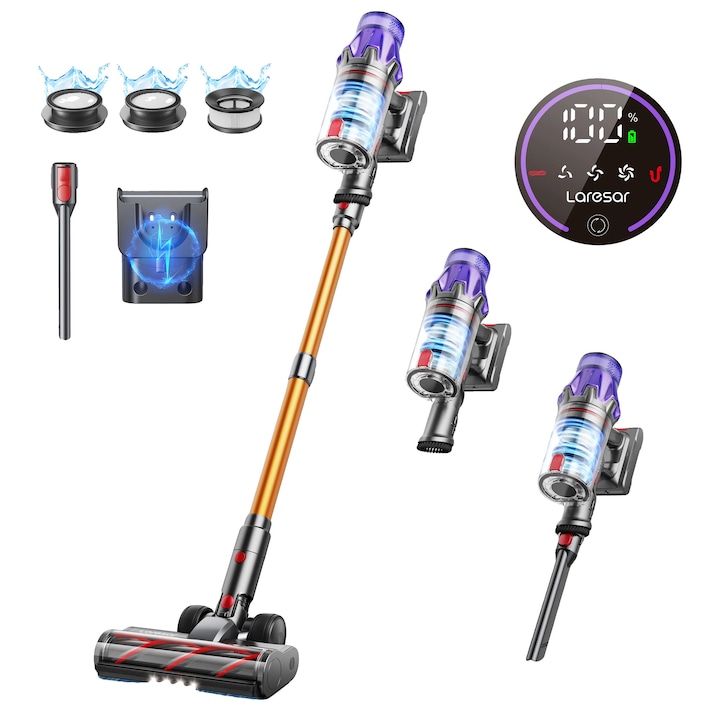Aspirator vertical, Laresar, 500W, putere aspiratie 50000Pa, capacitate colectare 0.6-1 L, autonomie baterie pana la 1 ora, greutate sub 3 kg