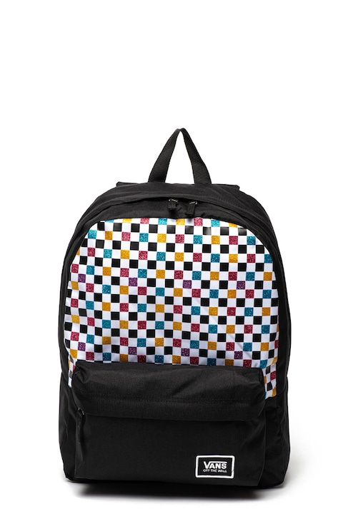 Vans, Rucsac cu compartiment pentru laptop si model stralucitor in carouri, Negru/Alb