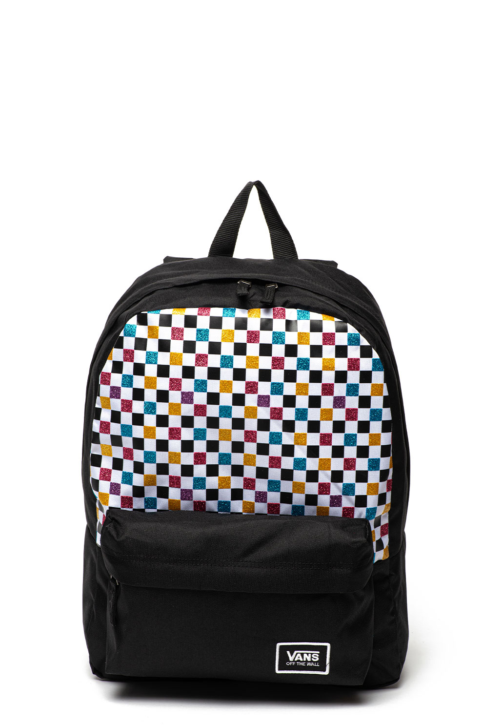Vans, Rucsac cu compartiment pentru laptop si model stralucitor in carouri, Negru/Alb