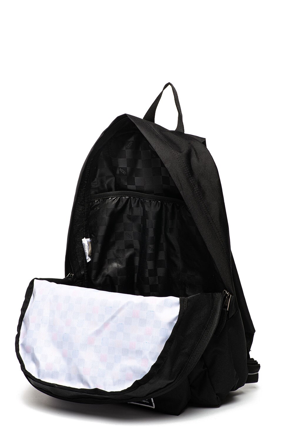 Vans, Rucsac cu compartiment pentru laptop si model stralucitor in carouri, Negru/Alb