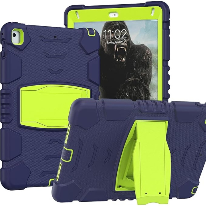 Husa Sigloo pentru iPad 9.7" (iPad 5/6, Air 2, Pro 9.7) – 3 Straturi Protectie, Suport Integrat, Ecran Protejat, Antisoc –Albastru marin cu Verde