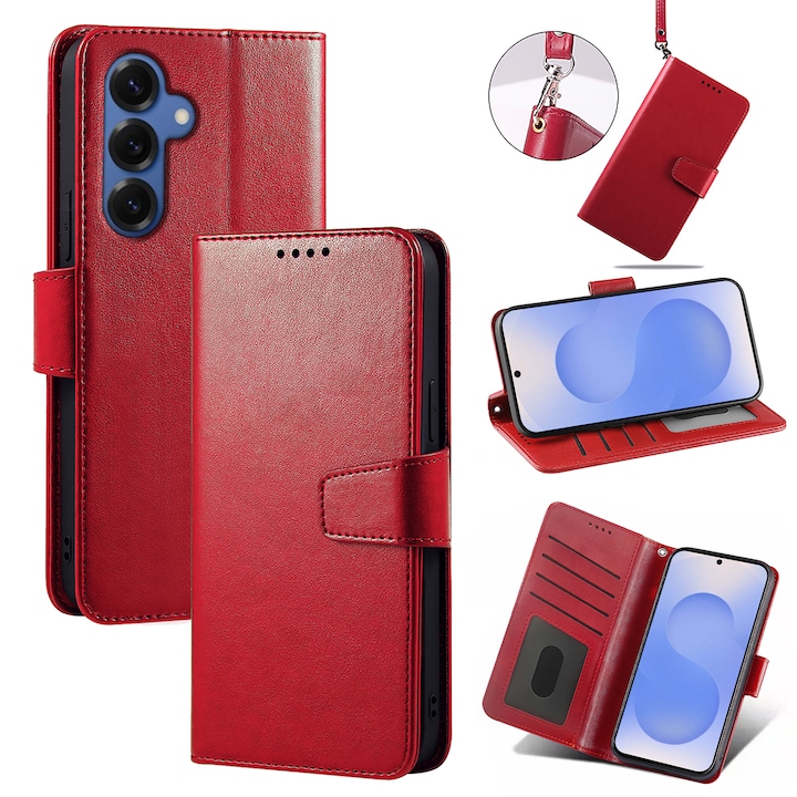 Husa pentru Samsung Galaxy S25, Omelivon, piele fina, Diary Book, tip carte, cu Portofel Interior, stand, Inchidere Magnetica, Antisoc, Rosu