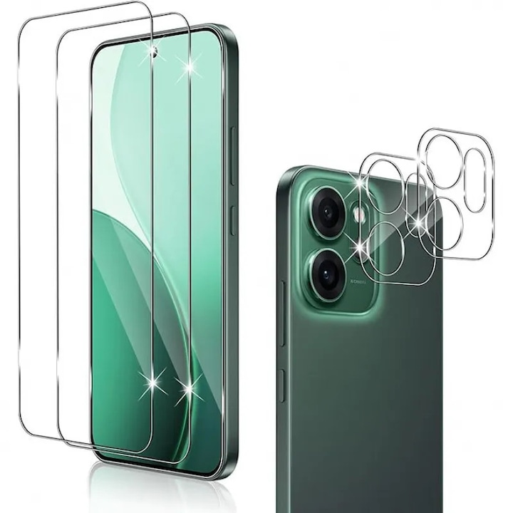 Folie protectie ecran compatibila cu OPPO Reno 14F 5G / Reno 14FS 5G, set 2 folii protectie ecran si 2 folii protectie camera, sticla securizata, transparenta, 0.33mm