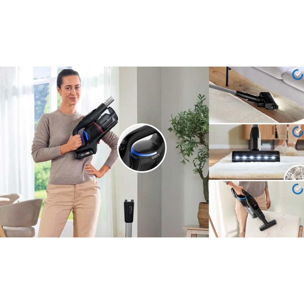 Aspirator vertical Bosch Unlimited 9 BCS931BQC, 0.4 l, 18 V, Autonomie 60 min, 3 moduri curatare, Perie anti-incalcire, Negru