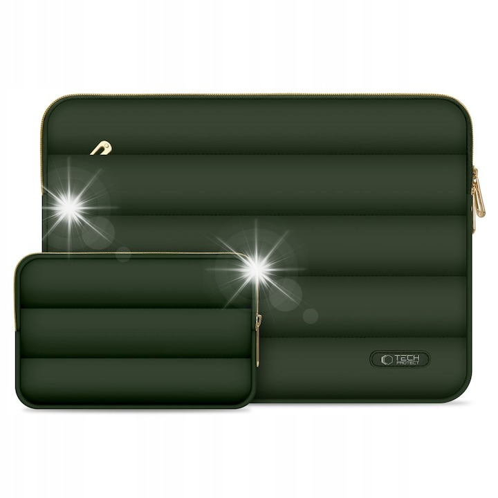 Set Etui Tech-Protect Puffy pentru laptop 15-16 inch, verde armata, dimensiuni 40,6x30x2,5cm si 21x14,5cm