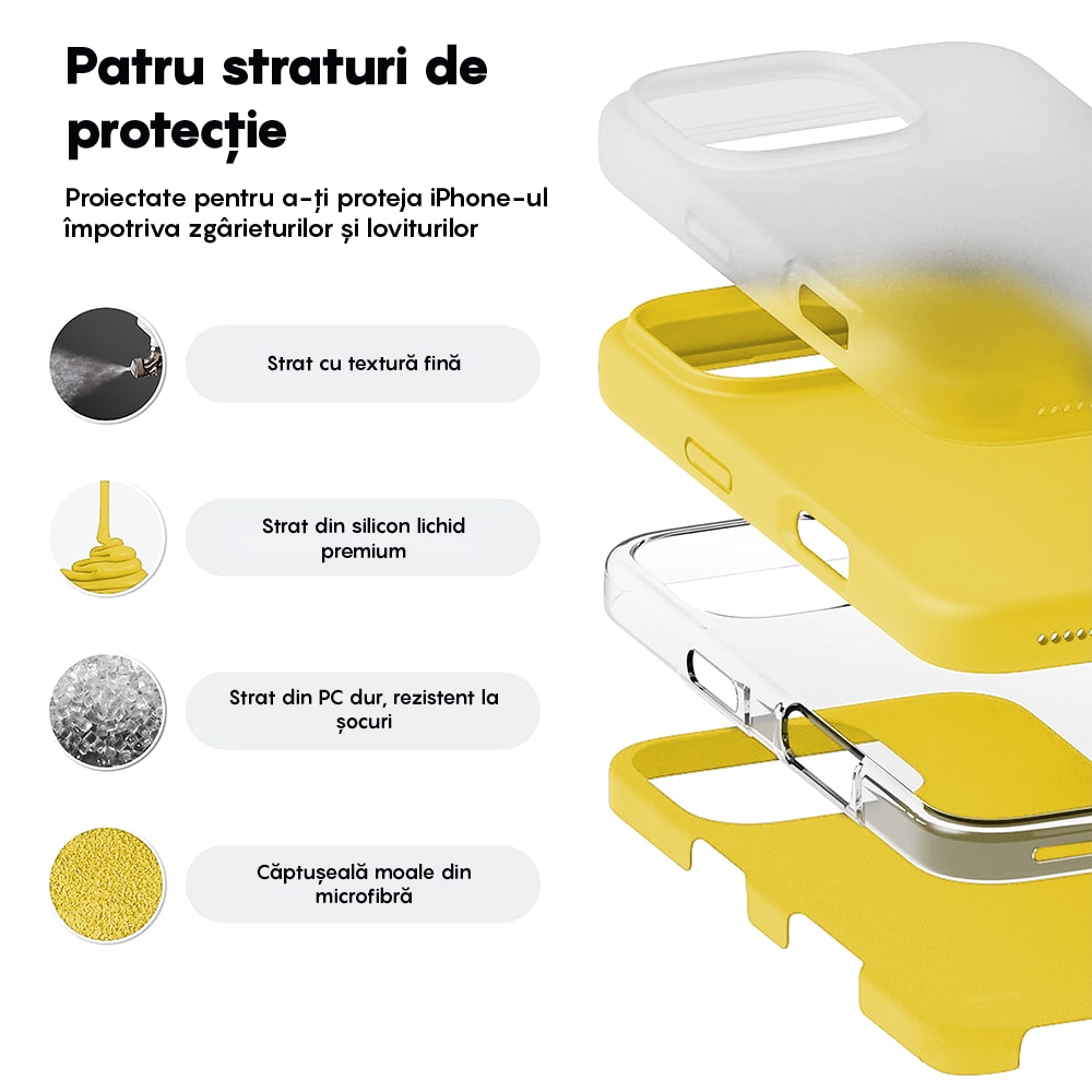 Husa CASEY STUDIOS™ compatibila cu iPhone 16 Pro Max, Soft Silicone Premium, Microfibra in Interior, Galben, de Protectie, Ultra Slim, pentru Incarcare Wireless, Margini Ridicate de Protectia Ecranului si a Camerelor