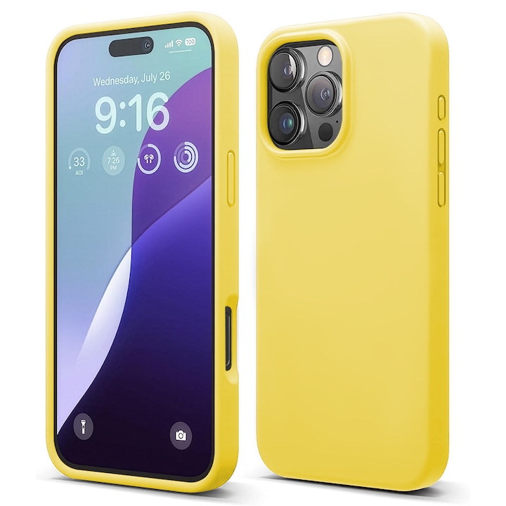 Husa CASEY STUDIOS™ compatibila cu iPhone 16 Pro Max, Soft Silicone Premium, Microfibra in Interior, Galben, de Protectie, Ultra Slim, pentru Incarcare Wireless, Margini Ridicate de Protectia Ecranului si a Camerelor