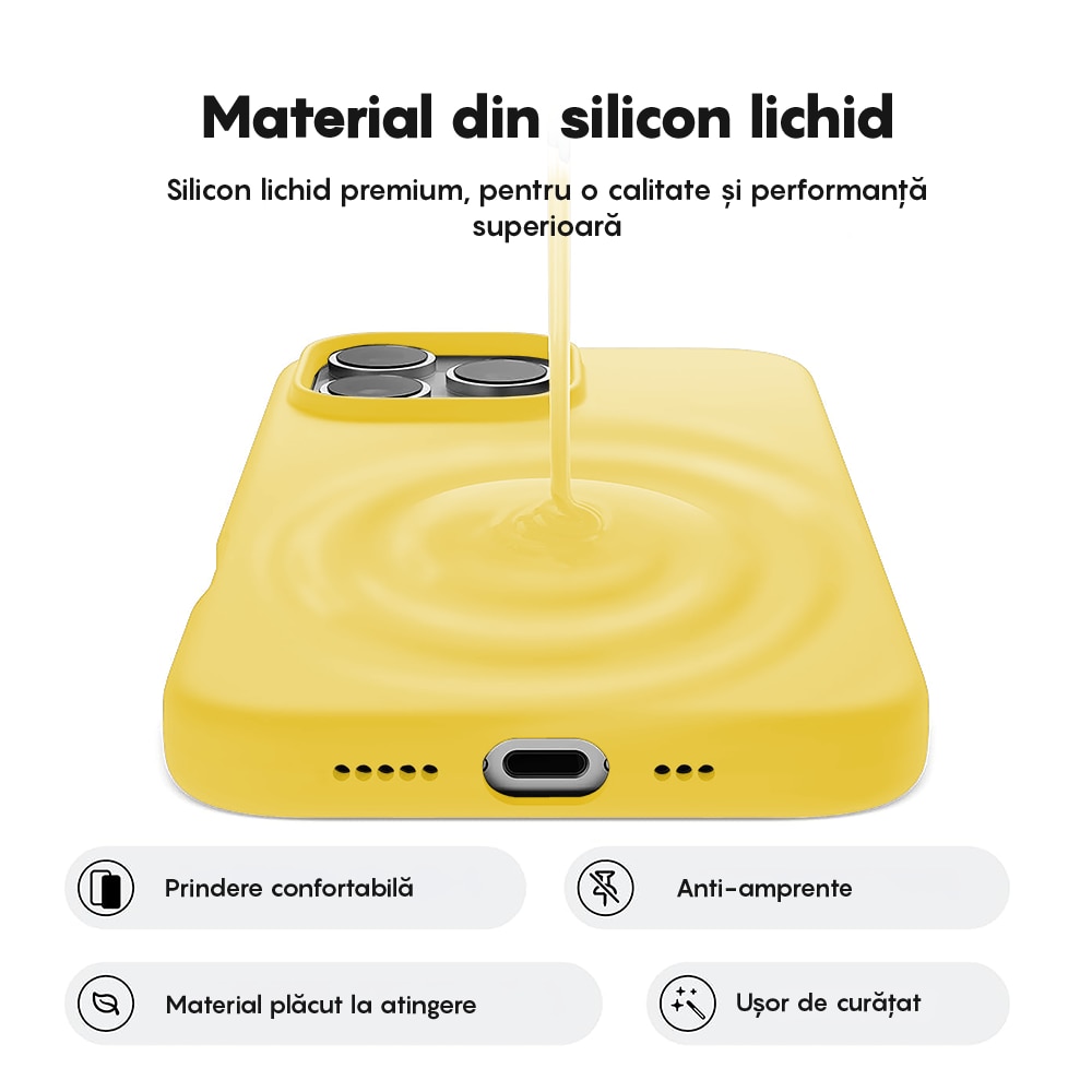 Husa CASEY STUDIOS™ compatibila cu iPhone 16 Pro Max, Soft Silicone Premium, Microfibra in Interior, Galben, de Protectie, Ultra Slim, pentru Incarcare Wireless, Margini Ridicate de Protectia Ecranului si a Camerelor