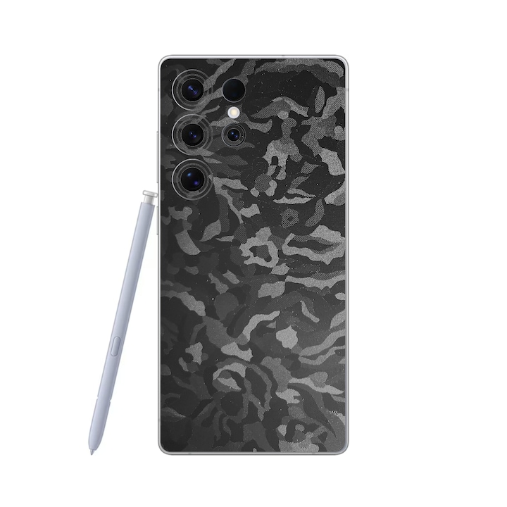 Folie iSkinz pentru Samsung Galaxy S25 Ultra - Camo Negru Black Shadow, Split Cut, Skin Adeziv Full Cover, Protectie Carcasa Spate si Laterale