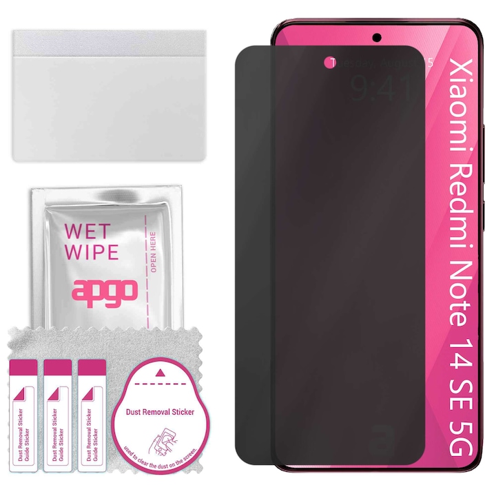 Folie de protectie PRIVACY apgo pentru Xiaomi Redmi Note 14 SE 5G – efect anti-spionaj, hidrogel, full glue, 5D, mat, ultra-subtire