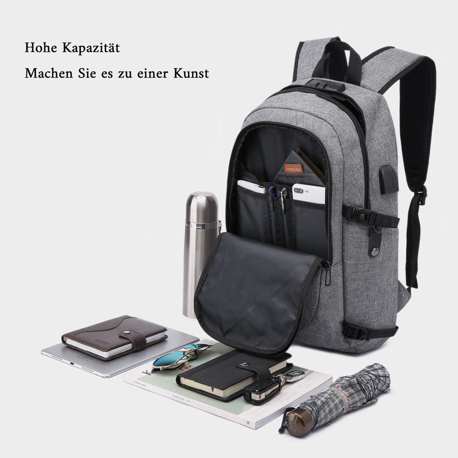 Rucsac CityGuard, buzunare convenabile, cu acces usor, rucsac pentru laptop de 15,6 inchi pentru drumetii, rucsac de afaceri antifurt cu cablu de incarcare incorporat, tesatura durabila si rezistenta la apa, negru