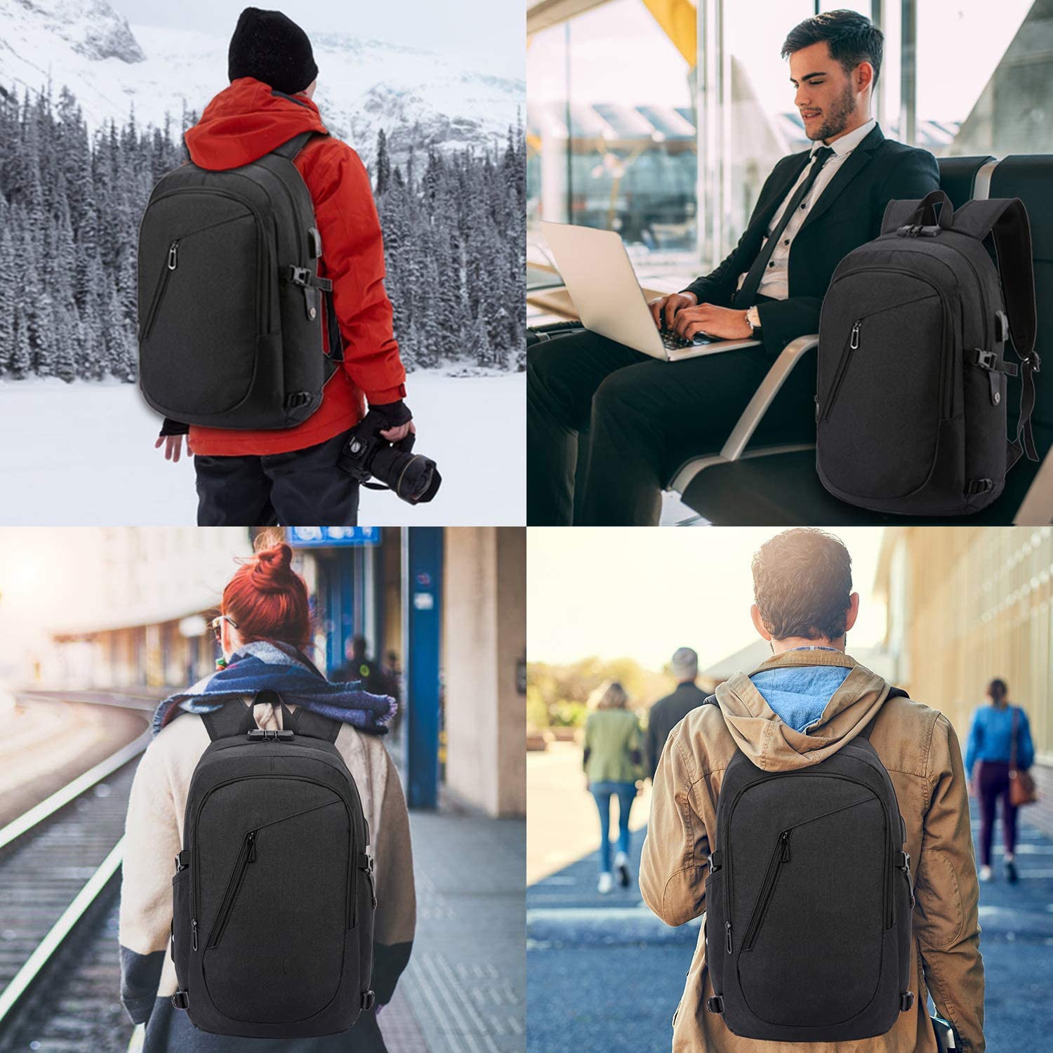 Rucsac CityGuard, buzunare convenabile, cu acces usor, rucsac pentru laptop de 15,6 inchi pentru drumetii, rucsac de afaceri antifurt cu cablu de incarcare incorporat, tesatura durabila si rezistenta la apa, negru